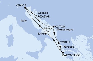 Taliansko, Chorvátsko, Čierna Hora, Grécko z Benátok na lodi MSC Lirica