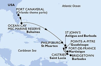 USA, Bahamy, Svatý Martin, Antigua a Barbuda, Martinik, Guadeloupe, Svätá Lucia, Barbados z Port Canaveralu na lodi MSC Seaside
