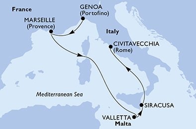 Taliansko, Francúzsko, Malta z Janova na lodi MSC Divina