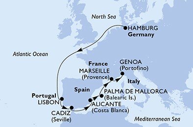 Nemecko, Portugalsko, Španielsko, Francúzsko, Taliansko z Hamburgu na lodi MSC Fantasia