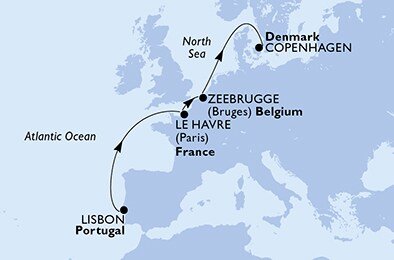 Portugalsko, Francúzsko, Belgicko, Dánsko z Lisabonu na lodi MSC Fantasia