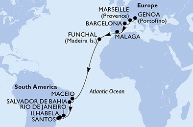 Taliansko, Francúzsko, Španielsko, Portugalsko, Brazília z Janova na lodi MSC Grandiosa