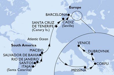 Brazília, Španielsko, Taliansko, Grécko, Chorvátsko na lodi MSC Lirica