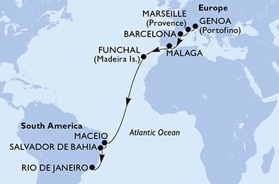 Taliansko, Francúzsko, Španielsko, Portugalsko, Brazília z Janova na lodi MSC Grandiosa
