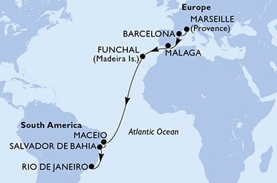 Francúzsko, Španielsko, Portugalsko, Brazília z Marseille na lodi MSC Grandiosa