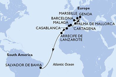 Španielsko, Francúzsko, Taliansko, Maroko, Brazília z Barcelony na lodi MSC Seaview