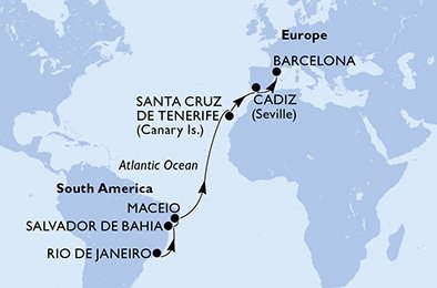 Brazília, Španielsko z Rio de Janeira na lodi MSC Lirica