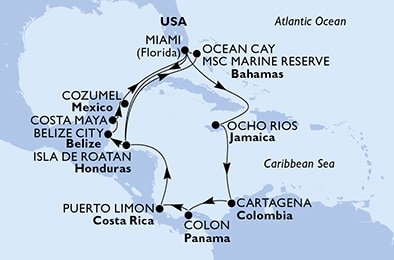 USA, Jamajka, Kolumbia, Panama, Kostarika, Honduras, Bahamy, Belize, Mexiko z Miami na lodi MSC Divina