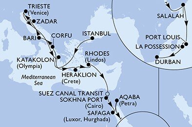 Turecko, Grécko, Taliansko, Chorvátsko, Egypt, Jordánsko, Omán, Maurícius, Reunion, Juhoafrická republika z Istanbulu na lodi MSC Splendida