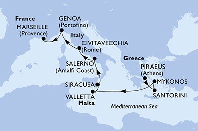 Grécko, Malta, Taliansko, Francúzsko z Pireusu na lodi MSC Musica