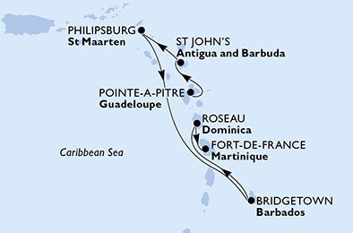 Guadeloupe, Antigua a Barbuda, Svatý Martin, Barbados, Dominika, Martinik z Pointe-à-Pitre na lodi MSC Seaside