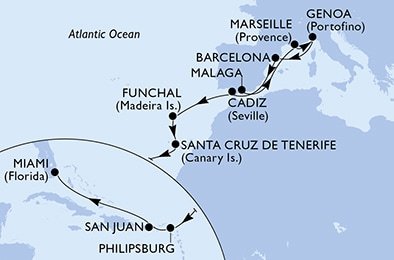 Španielsko, Francúzsko, Taliansko, Portugalsko, Svatý Martin, USA z Málagy na lodi MSC Divina
