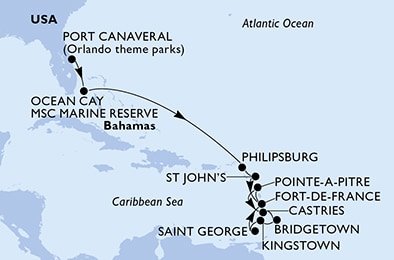 USA, Bahamy, Svatý Martin, Antigua a Barbuda, Martinik, Guadeloupe, Svätá Lucia, Barbados, Svätý Vincent a Grenadiny, Grenada z Port Canaveralu na lodi MSC Seaside