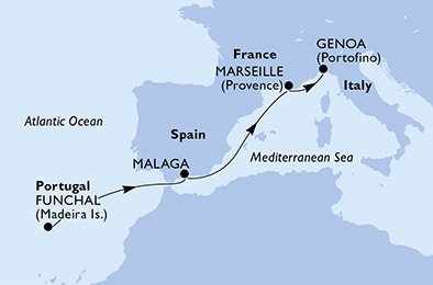 Portugalsko, Španielsko, Francúzsko, Taliansko z Funchalu na lodi MSC Divina