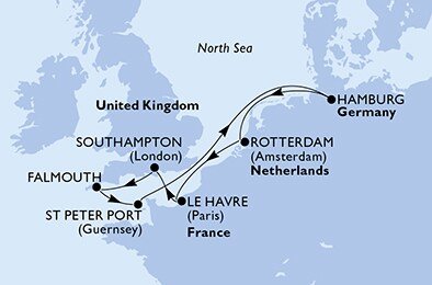 Nemecko, Holandsko, Francúzsko, Veľká Británia, Korunní závislé území Velké Británie z Hamburgu na lodi MSC Euribia