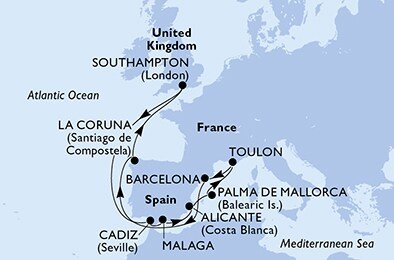 Španielsko, Francúzsko, Veľká Británia z Málagy na lodi MSC Virtuosa
