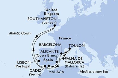 Španielsko, Francúzsko, Portugalsko, Veľká Británia z Málagy na lodi MSC Virtuosa