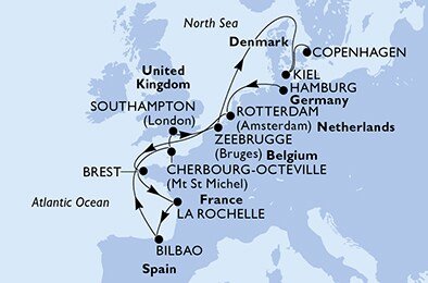Nemecko, Holandsko, Francúzsko, Španielsko, Veľká Británia, Belgicko, Dánsko z Hamburgu na lodi MSC Euribia