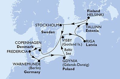 Nemecko, Poľsko, Švédsko, Lotyšsko, Estónsko, Fínsko, Dánsko z Warnemünde na lodi MSC Poesia