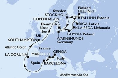 Taliansko, Francúzsko, Španielsko, Veľká Británia, Nemecko, Poľsko, Litva, Lotyšsko, Estónsko, Fínsko, Švédsko, Dánsko z Janova na lodi MSC Poesia