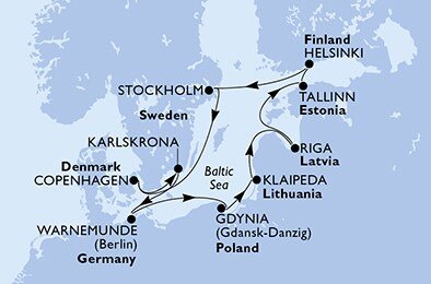 Nemecko, Poľsko, Litva, Lotyšsko, Estónsko, Fínsko, Švédsko, Dánsko,  z Warnemünde na lodi MSC Poesia