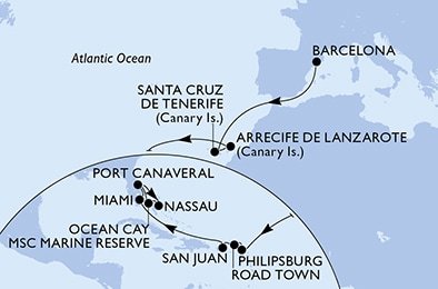 Španielsko, Svatý Martin, Britské Panenské ostrovy, USA, Bahamy z Barcelony na lodi MSC Seashore