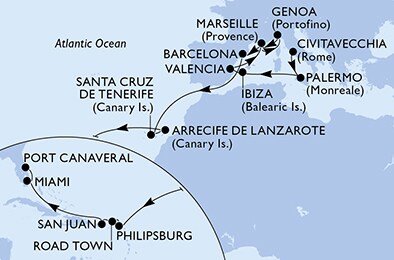 Taliansko, Španielsko, Francúzsko, Svatý Martin, Britské Panenské ostrovy, USA z Civitavechie na lodi MSC Seashore