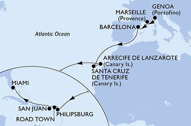 Taliansko, Francúzsko, Španielsko, Svatý Martin, Britské Panenské ostrovy, USA z Janova na lodi MSC Seashore