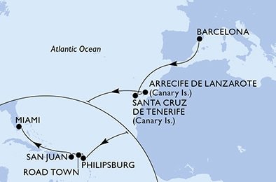 Španielsko, Svatý Martin, Britské Panenské ostrovy, USA z Barcelony na lodi MSC Seashore