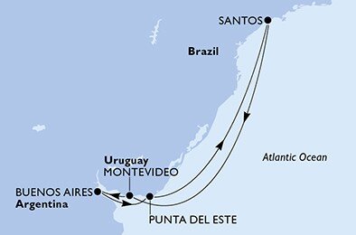Brazília, Uruguaj, Argentína zo Santosu na lodi MSC Armonia