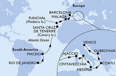 Brazília, Španielsko, Portugalsko, Francúzsko, Taliansko, Grécko, Chorvátsko z Rio de Janeira na lodi MSC Armonia