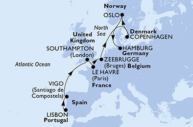 Portugalsko, Španielsko, Veľká Británia, Francúzsko, Belgicko, Dánsko, Nórsko, Nemecko z Lisabonu na lodi MSC Preziosa