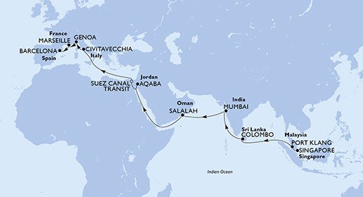 Singapur, Malajzia, Srí Lanka, India, Omán, Jordánsko, Egypt, Taliansko, Francúzsko, Španielsko zo Singapuru na lodi MSC Magnifica