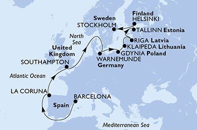 Španielsko, Veľká Británia, Nemecko, Poľsko, Litva, Lotyšsko, Estónsko, Fínsko, Švédsko z Barcelony na lodi MSC Poesia