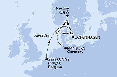 Belgicko, Dánsko, Oslo, Nemecko zo Zeebrugge na lodi MSC Preziosa