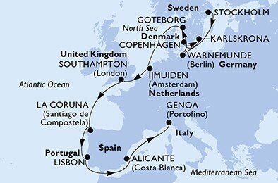 Švédsko, Dánsko, Nemecko, Holandsko, Veľká Británia, Španielsko, Portugalsko, Taliansko zo Stockholmu na lodi MSC Poesia