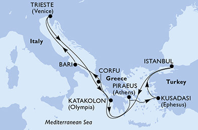 Taliansko, Grécko, Turecko z Bari na lodi MSC Splendida