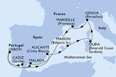 Portugalsko, Španielsko, Taliansko, Francúzsko z Lisabonu na lodi MSC Orchestra