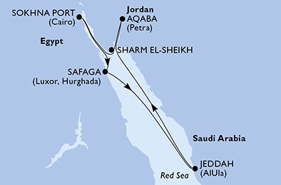 Egypt, Saúdská Arábie, Jordánsko zo Safagy na lodi MSC Orchestra