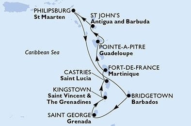 Barbados, Grenada, Svätý Vincent a Grenadiny, Svätá Lucia, Martinik, Guadeloupe, Antigua a Barbuda, Svatý Martin z Bridgetownu na lodi MSC Seaside