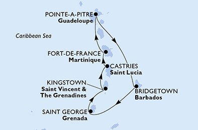 Martinik, Guadeloupe, Barbados, Grenada, Svätý Vincent a Grenadiny, Svätá Lucia z Fort de France, Martinik na lodi MSC Seaside