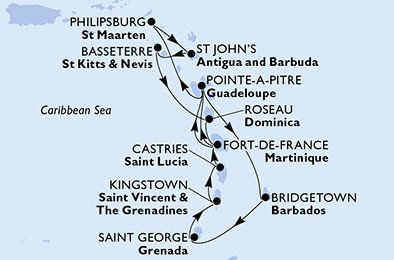 Martinik, Guadeloupe, Svatý Martin, Antigua a Barbuda, Svätý Krištof a Nevis, Dominika, Barbados, Grenada, Svätý Vincent a Grenadiny, Svätá Lucia z Fort de France, Martinik na lodi MSC Seaside