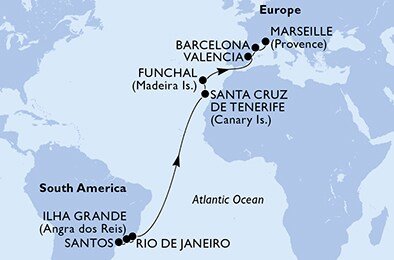 Brazília, Španielsko, Portugalsko, Francúzsko zo Santosu na lodi MSC Seashore