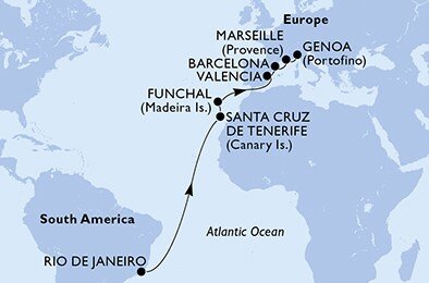 Brazília, Španielsko, Portugalsko, Francúzsko, Taliansko z Rio de Janeira na lodi MSC Seashore