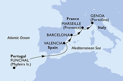 Portugalsko, Španielsko, Francúzsko, Taliansko z Funchalu na lodi MSC Seashore