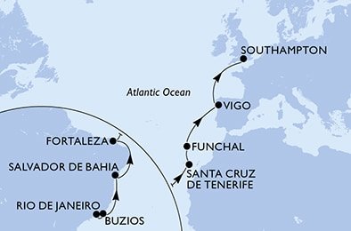 Brazília, Španielsko, Portugalsko, Veľká Británia z Rio de Janeira na lodi MSC Preziosa