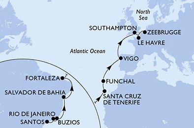 Brazília, Španielsko, Portugalsko, Veľká Británia, Francúzsko, Belgicko zo Santosu na lodi MSC Preziosa