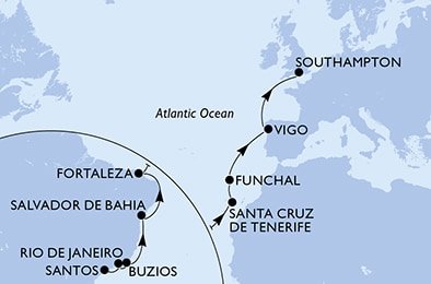 Brazília, Španielsko, Portugalsko, Veľká Británia zo Santosu na lodi MSC Preziosa