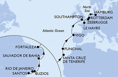 Brazília, Španielsko, Portugalsko, Veľká Británia, Francúzsko, Belgicko, Holandsko, Nemecko zo Santosu na lodi MSC Preziosa