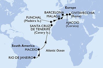 Brazília, Španielsko, Portugalsko, Francúzsko, Taliansko z Rio de Janeira na lodi MSC Armonia